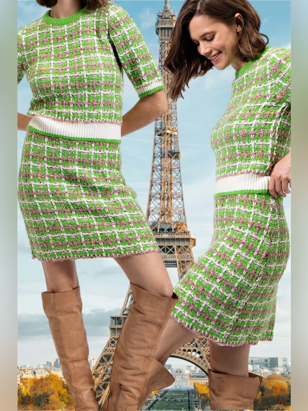 Easel Totally Buggin Tweed Sweater Skirt Lime Green Plaid 90s Clueless New Small